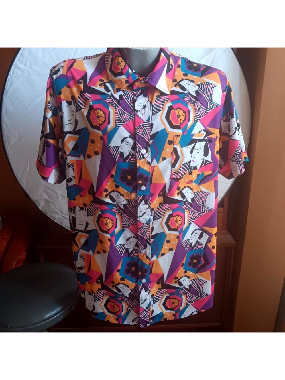 Samurai Japanese Print Shirt Men's XL Short Sleeve Abstract Just Attitude